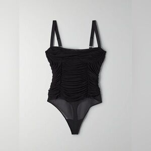 Babaton Luxor Black Mesh-Detail Bodysuit with Ruched Front